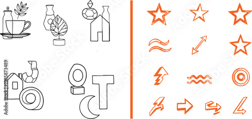 Set of hand drawn doodle icons featuring lifestyle objects and orange graphic symbols