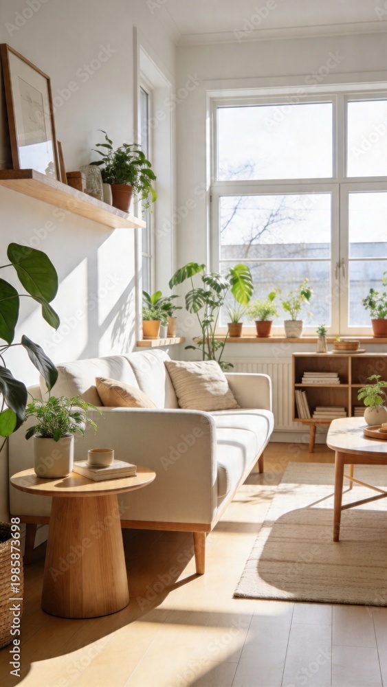 Fototapeta premium Cozy Scandinavian living room filled with natural light, plants, and wooden furniture, creating a serene atmosphere for relaxation.