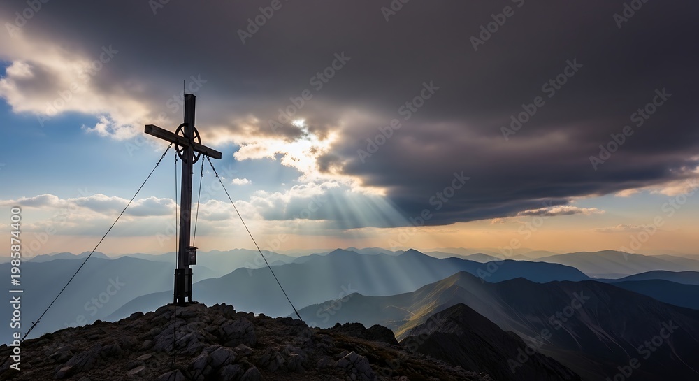 Obraz premium Mountain peak with cross and cloudy sky.