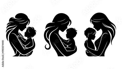 mother and baby silhouette collection for maternal care logo, abstract motherhood icons set of woman nursing and holding infant, minimalist black vector illustrations of mother and child bonding, nurs