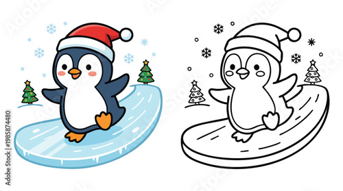 Christmas Penguin Coloring Book Page Cartoon Illustration for Kids Winter Fun