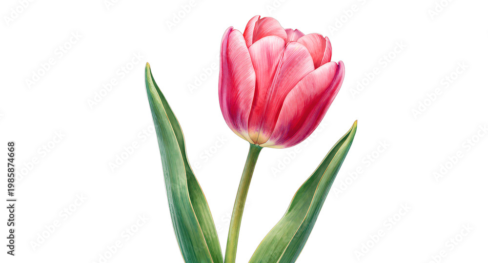 Naklejka premium Single pink tulip flower with green leaves isolated on black background