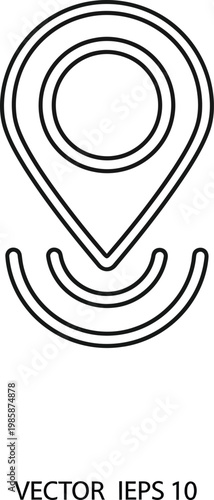 Outline icon of a location map pin marker emitting concentric signal waves