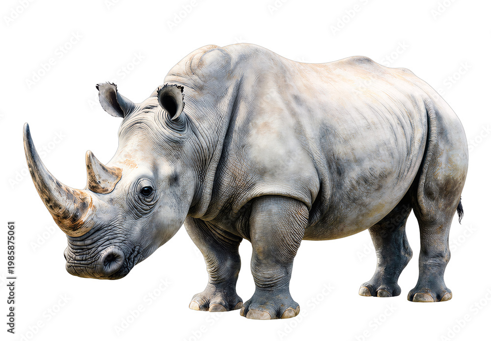 Obraz premium Majestic rhinoceros profile view isolated on a solid black background