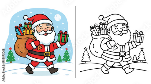 Christmas Santa Claus Walking with Gift Bags for Coloring Book Design