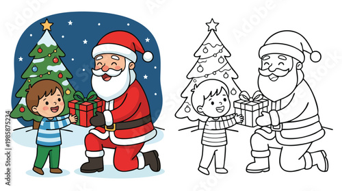 Christmas Santa Claus Gives Present to Happy Child Coloring Page Activity Book