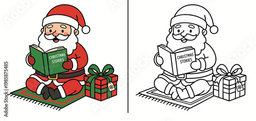 Christmas Santa Reading Stories Book with Gift for Holiday Coloring Page Activity