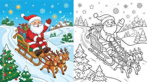 Christmas Santa Claus Sleigh with Reindeer Presents Winter Village Coloring Book Page