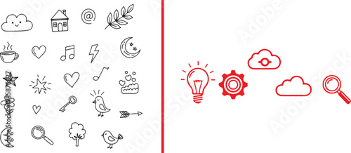 Collection of hand drawn doodle icons and modern red line art symbols for graphic design