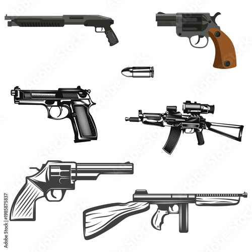 A detailed set of modern and classic guns arranged neatly, including handgun, SMG, shotgun, and revolver, flat design, black and white outline, minimalistic, stock illustration style
