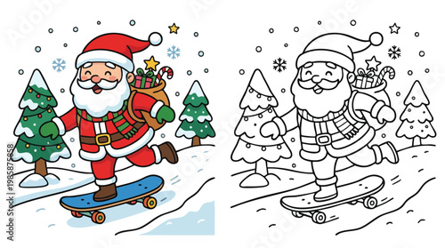 Christmas Santa Claus Skateboard Coloring Page Line Illustration for Winter Activity