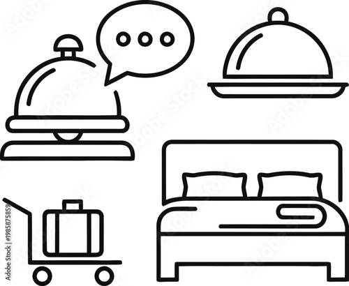 Hotel service icon set with reception bell bed food and luggage outline vector