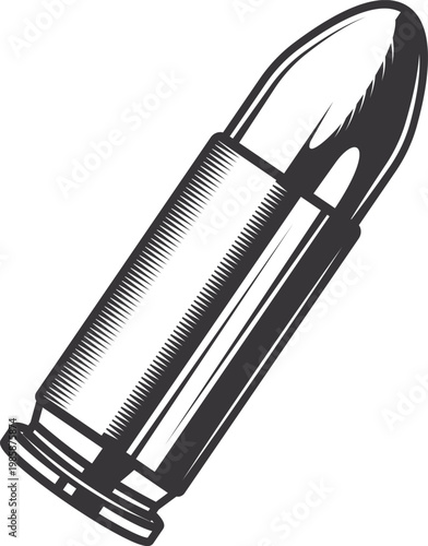 A vintage engraving-style bullet cartridge with fine hatching details, classic etching technique, bold contrast, isolated vector design