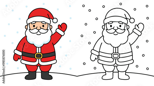 Christmas Santa Claus Coloring Page and Colored Illustration