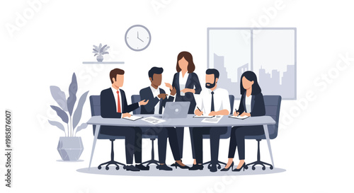A group of professional business people are having a productive meeting and collaborating around a large conference table in a modern office.
