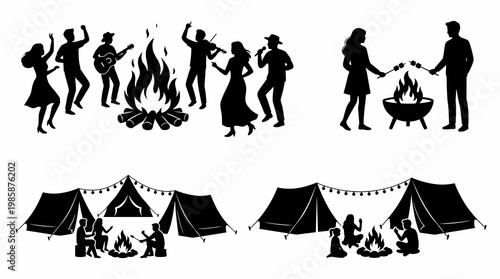 Black and white vector silhouetted scenes of campfire activities: dancing and music, roasting marshmallows, and people gathering at campsites with tents and flags, isolated on white
