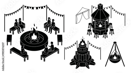 Isometric black and white vector set of an outdoor fire pit gathering with people on benches, an outdoor bar with tent and lights, a multi-tier fire feature, and a cooking tripod, on white.