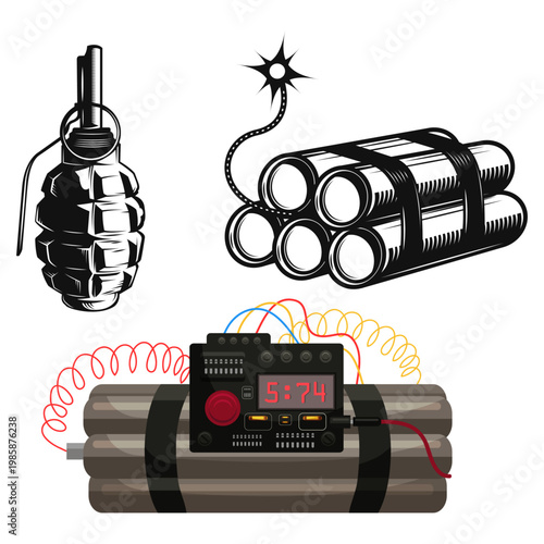 Military-themed explosive set with grenade, TNT sticks, and detonator, monochrome engraving style, bold outlines, isolated on white background