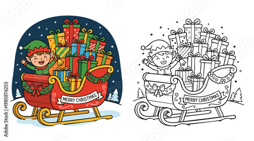 Christmas Elf with Sleigh Full of Presents Coloring Page for Festive Fun Activities