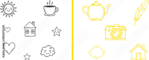 Set of hand drawn doodle icons featuring sun coffee house heart star cloud teapot camera and feather