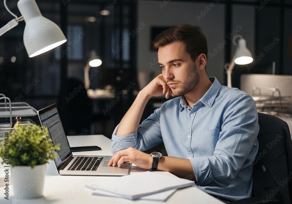 Obraz premium Office Worker Sitting at Desk with Low Motivation Looking at Laptop, Quiet Quitting Concept