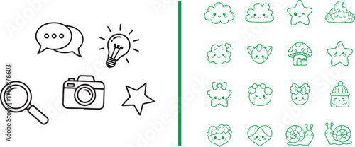 Set of cute kawaii doodle icons and hand drawn line art elements for creative design