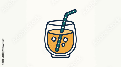 Vibrant and refreshing cartoon illustration of an orange-colored drink with ice cubes and a green straw in a clear glass, perfect for summer concepts or healthy beverage graphics