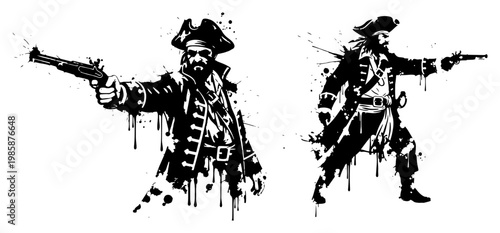 Tableau sur toile Pirate captain with flintlock pistols in messy ink splatter style