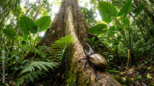 The Rhinoceros beetle in the rainforest a fighter in the insect world.