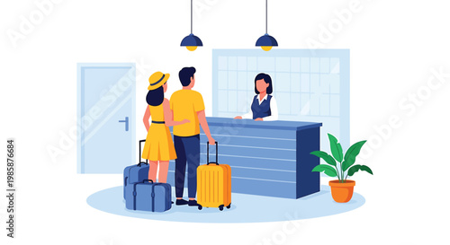 Hotel lobby scene, travelers checking in, reception desk, luggage, modern interior