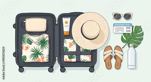 Travel essentials, summer vacation items, luggage and accessories, packing concept