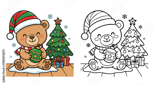 Christmas Teddy Bear Coloring Book Page with Dressed Bear Holding an Ornament Near a Tree