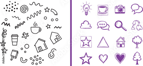 Hand drawn doodle icon set with creative shapes and lifestyle symbols