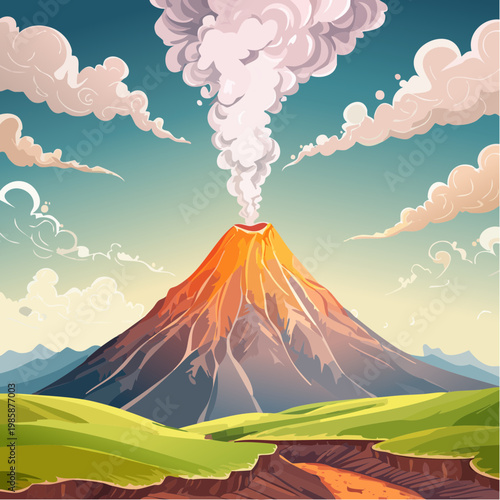 Ein majestätischer Vulkangipfel erhebt sich über eine raue, zerklüftete Landschaft