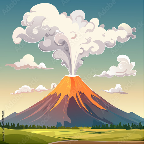 Ein majestätischer Vulkangipfel erhebt sich über eine raue, zerklüftete Landschaft