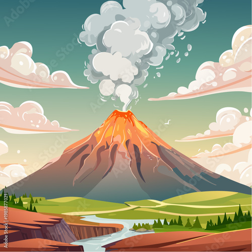 Ein majestätischer Vulkangipfel erhebt sich über eine raue, zerklüftete Landschaft