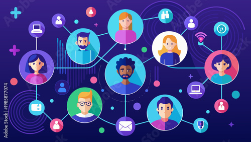 Collaborative network of diverse professionals connected through technology and innovation