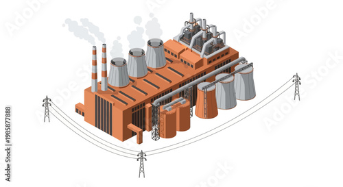 Isometric view of a modern industrial energy factory complex with smoking chimneys and cooling towers, representing power generation and environmental concerns