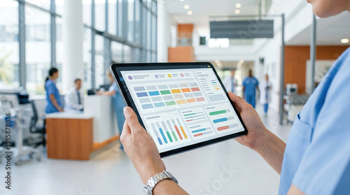 Modern clinic management software health care administration concept. A healthcare professional analyzes data on a tablet.