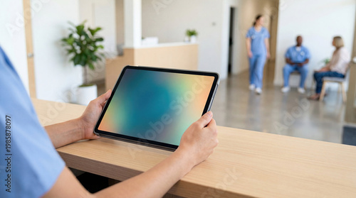 Modern clinic management software health care administration concept. A healthcare professional using a tablet in a waiting room.