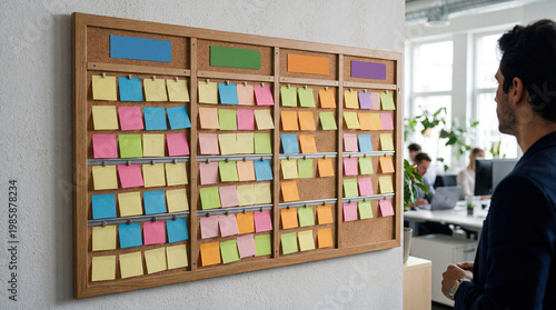 Agile scrum board with paper task for software development team methodologies concept. A man analyzing colorful sticky notes on a work board.