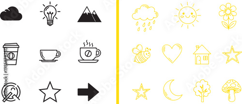 Set of hand drawn doodle icons and minimalist black symbols for creative design projects