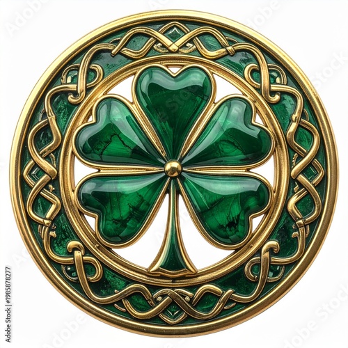 Intricate Green Shamrock Symbol in Gold Celtic Knot Circle Frame