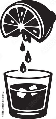 Clean black silhouette of lemon half squeezed over glass