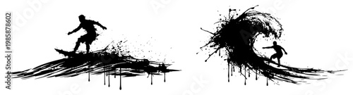 Surfer riding ocean wave silhouette with black ink splashes and paint drips grunge style