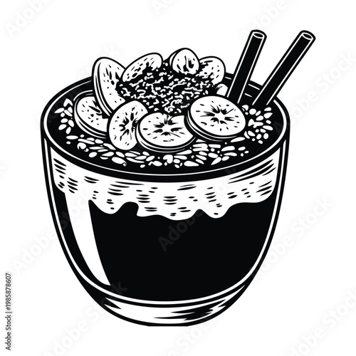 Black and white vector illustration of a bowl of oatmeal with fruit, healthy breakfast bowl, oatmeal with banana and nuts, monochrome food icon