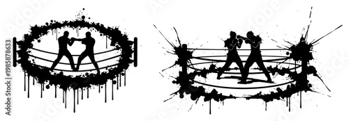 Boxers fighting in boxing ring silhouette with black ink splashes and paint drips grunge style