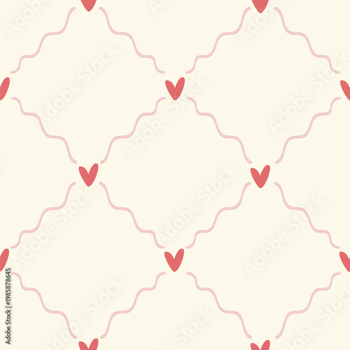 A seamless pattern with hearts, and a flirty lattice. Perfect for textiles, wallpaper, wrapping paper, and romantic vintage-style decor.