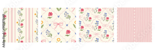 A collection of hand-drawn seamless patterns featuring florals and latticework. . Perfect for textiles, wallpaper, wrapping paper, and romantic vintage-style decor.