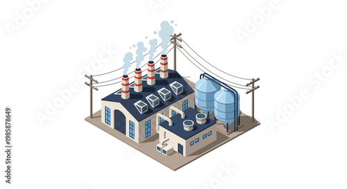 Modern industrial factory complex with smoking chimneys and silos, representing manufacturing and production processes in a clean, isometric style